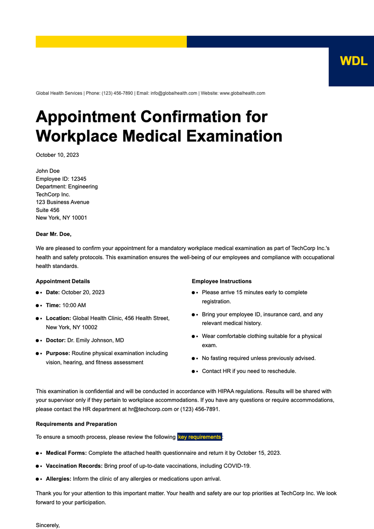 Workplace Doctor Appointment Confirmation Letter with Blue Yellow Header_variant_2